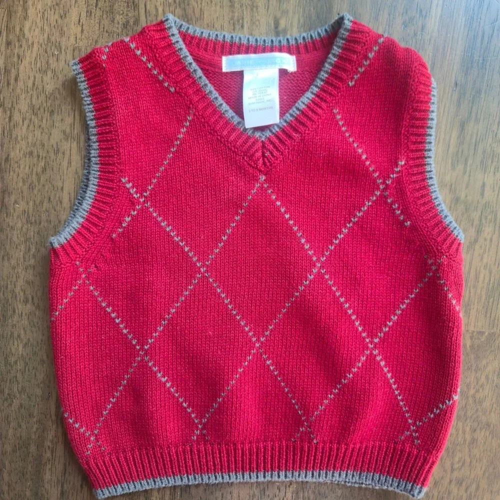 Janie and Jack Red Plaid Shirt and Argyle Sweater Vest Set 3-6 Months Holiday